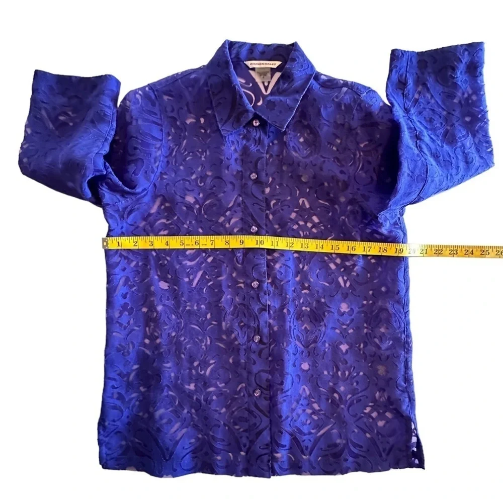 Allison Daley Deep Purple Sheer Button Down Blouse Womens 8 Lovely Summer Top - Picture 12 of 16